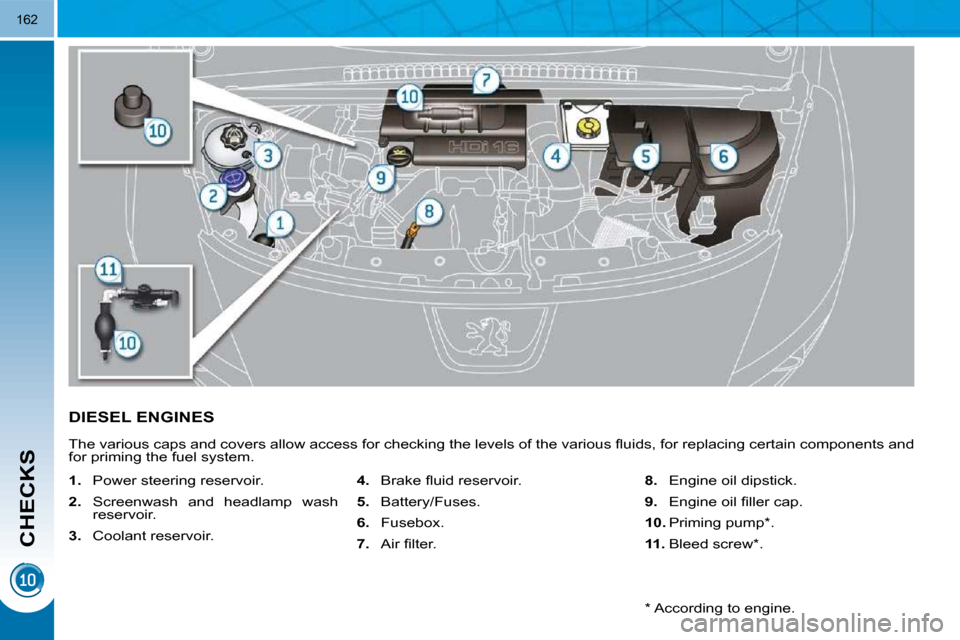 Peugeot 3008 Dag 2010.5  Owners Manual CHECKS
162
           DIESEL ENGINES 
� �T�h�e� �v�a�r�i�o�u�s� �c�a�p�s� �a�n�d� �c�o�v�e�r�s� �a�l�l�o�w� �a�c�c�e�s�s� �f�o�r� �c�h�e�c�k�i�n�g� �t�h�e� �l�e�v�e�l�s� �o�f� �t�h�e� �v�a�r�i�o�u�s� 