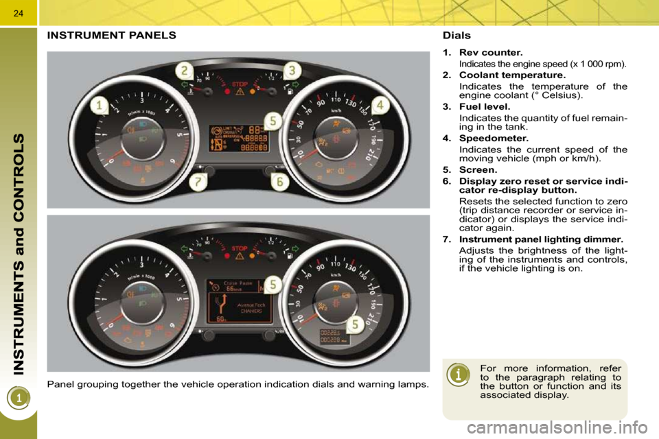 Peugeot 3008 Dag 2010.5  Owners Manual 24
INSTRUMENT PANELS 
 Panel grouping together the vehicle operation indication dials and warning lamps. 
  Dials 
   
1.     Rev counter.    
 
Indicates the engine speed (x 1 000 rpm). 
  
2.     Co