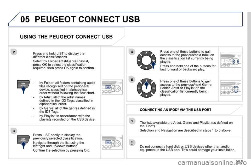 Peugeot 3008 Dag 2010.5  Owners Manual 293
05
42
3
1
5
 PEUGEOT CONNECT USB 
  USING THE PEUGEOT CONNECT USB 
� � �P�r�e�s�s� �L�I�S�T� �b�r�i�e�ﬂ� �y� �t�o� �d�i�s�p�l�a�y� �t�h�e� �p�r�e�v�i�o�u�s�l�y� �s�e�l�e�c�t�e�d� �c�l�a�s�s�i�