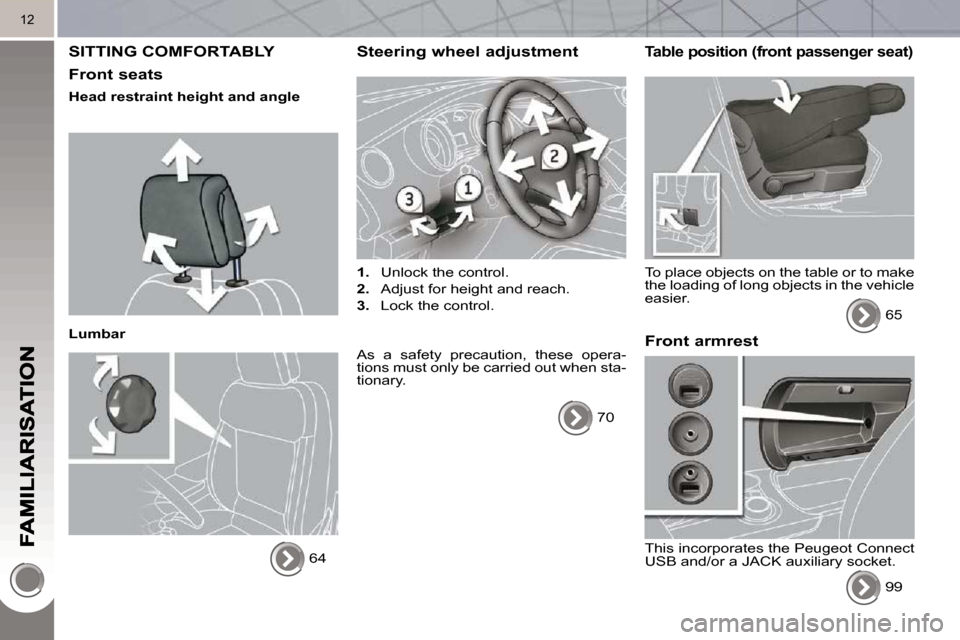 Peugeot 3008 Dag 2010.5  Owners Manual 12
 SITTING COMFORTABLY 
  Front seats 
  Head restraint height and angle   
  Lumbar  64   
  Steering wheel adjustment 
   
1.    Unlock the control. 
  
2.    Adjust for height and reach. 
  
3.   