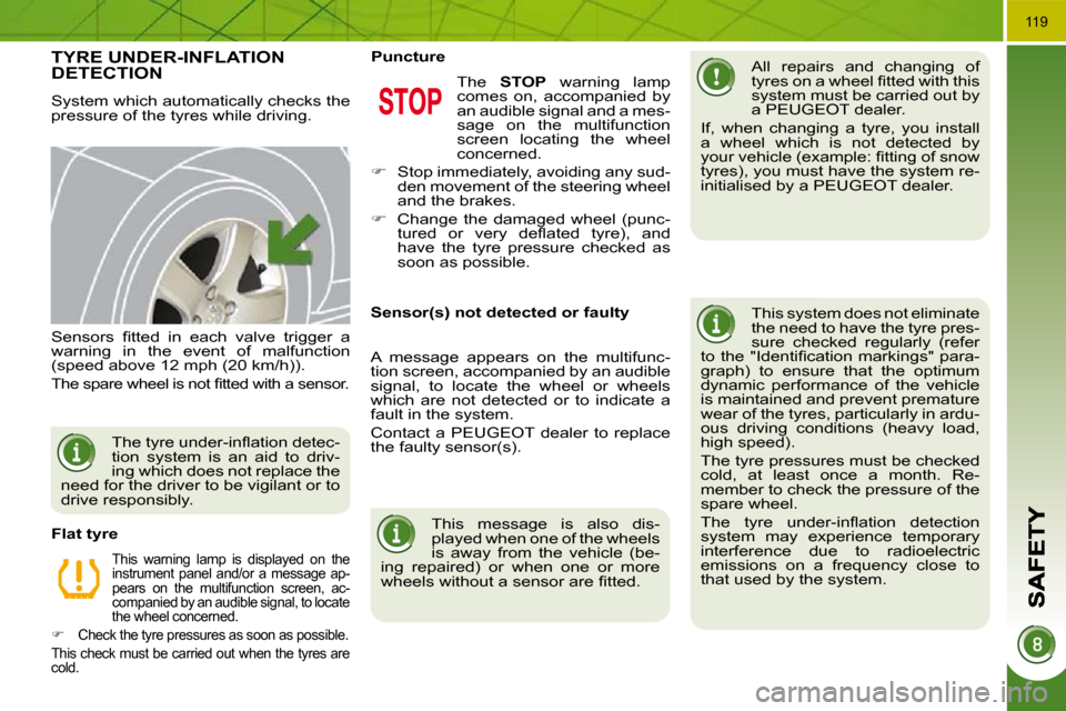 Peugeot 3008 Dag 2010  Owners Manual 119
TYRE UNDER-INFLATION DETECTION 
 System which automatically checks the  
pressure of the tyres while driving.    All  repairs  and  changing  of 
�t�y�r�e�s� �o�n� �a� �w�h�e�e�l� �ﬁ� �t�t�e�d� 