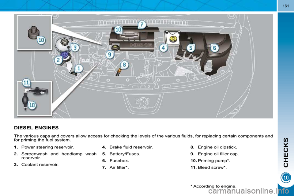 Peugeot 3008 Dag 2010  Owners Manual CHECKS
161
DIESEL ENGINES 
� �T�h�e� �v�a�r�i�o�u�s� �c�a�p�s� �a�n�d� �c�o�v�e�r�s� �a�l�l�o�w� �a�c�c�e�s�s� �f�o�r� �c�h�e�c�k�i�n�g� �t�h�e� �l�e�v�e�l�s� �o�f� �t�h�e� �v�a�r�i�o�u�s� �ﬂ� �u�i�