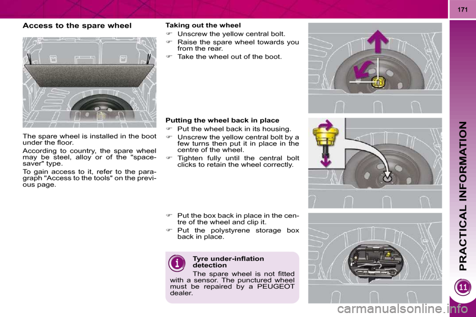 Peugeot 3008 Dag 2010  Owners Manual PRACTICAL INFORMATION
                Access to the spare wheel  
 The spare wheel is installed in the boot  
�u�n�d�e�r� �t�h�e� �ﬂ� �o�o�r�.�  
� �A�c�c�o�r�d�i�n�g�  �t�o�  �c�o�u�n�t�r�y�,�  �t�