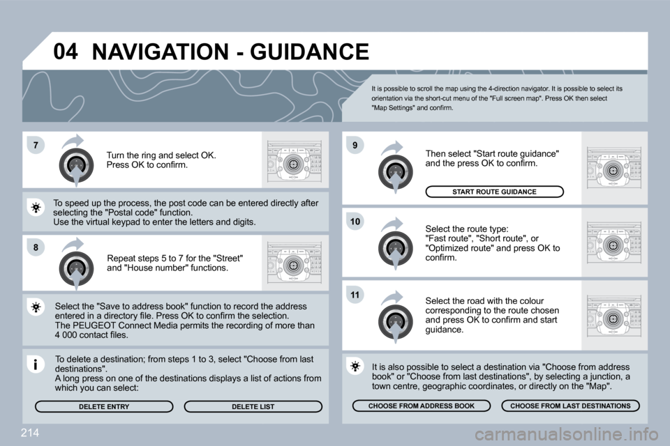 Peugeot 3008 Dag 2010  Owners Manual 214
�7
�8
�1�0
�9
�1�1
�0�4
  Repeat steps 5 to 7 for the "Street" and "House number" functions.  
� � �T�o� �d�e�l�e�t�e� �a� �d�e�s�t�i�n�a�t�i�o�n�;� �f�r�o�m� �s�t�e�p�s� �1� �t�o� �3�,� �s�e�l�e�