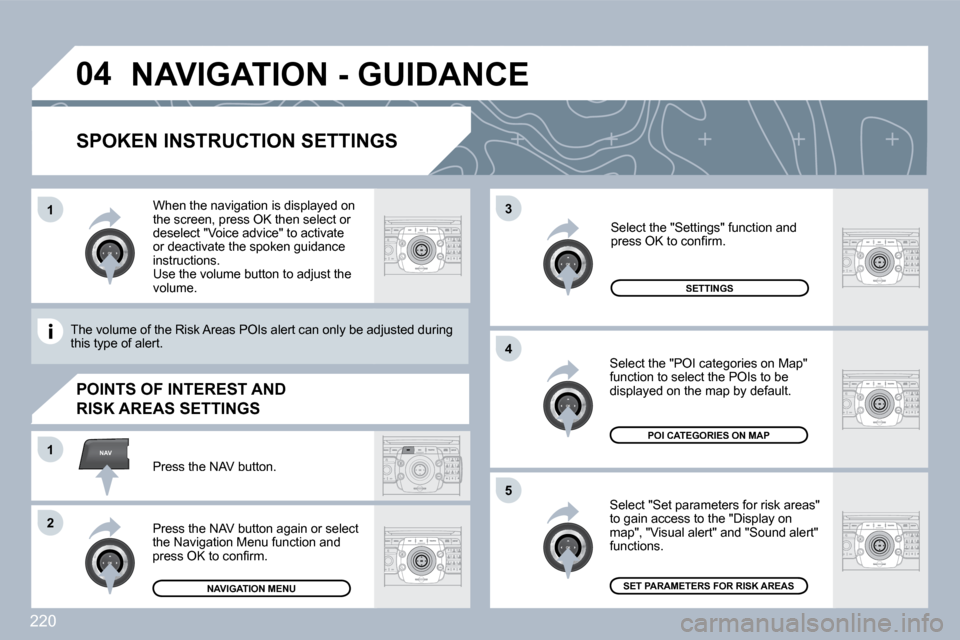 Peugeot 3008 Dag 2010  Owners Manual 220
�0�4
�5
�3
�4
NAV�1
�2
�1
  SPOKEN INSTRUCTION SETTINGS 
  Select "Set parameters for risk areas" to gain access to the "Display on map", "Visual alert" and "Sound alert" functions. 
  Select the 