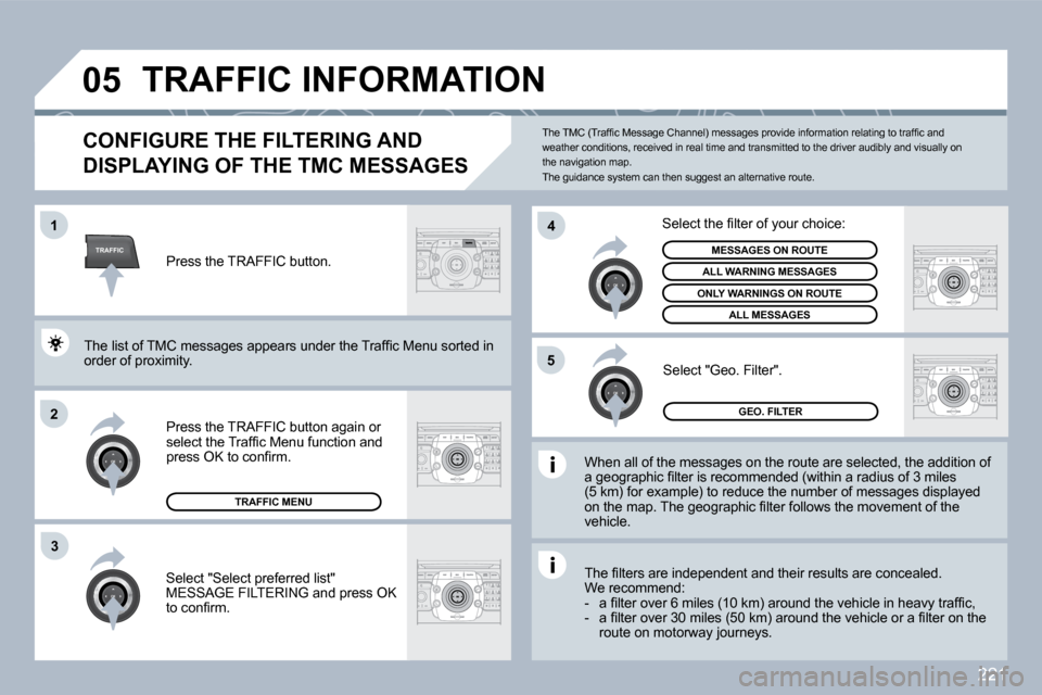 Peugeot 3008 Dag 2010  Owners Manual 221
TRAFFIC
�0�5
�1
�2
�4
�5
�3
 TRAFFIC INFORMATION 
CONFIGURE THE FILTERING AND 
DISPLAYING OF THE TMC MESSAGES 
  When all of the messages on the route are selected, the addition of �a� �g�e�o�g�r�