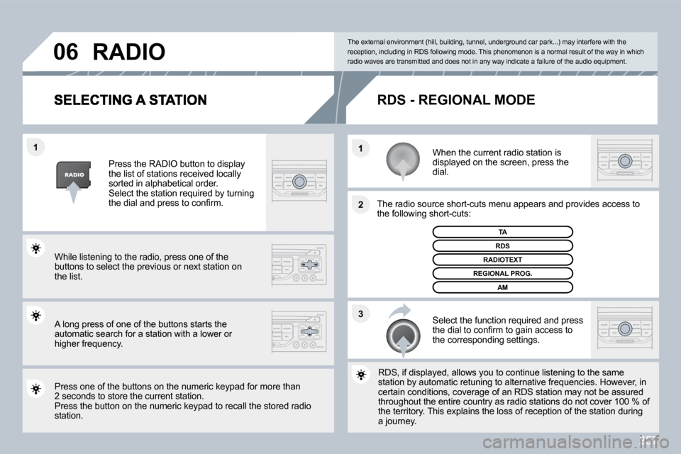 Peugeot 3008 Dag 2010  Owners Manual 257
�3
�2
�1
�1
�0�6
  When the current radio station is displayed on the screen, press the dial.  
� � �T�h�e� �r�a�d�i�o� �s�o�u�r�c�e� �s�h�o�r�t�-�c�u�t�s� �m�e�n�u� �a�p�p�e�a�r�s� �a�n�d� �p�r�o