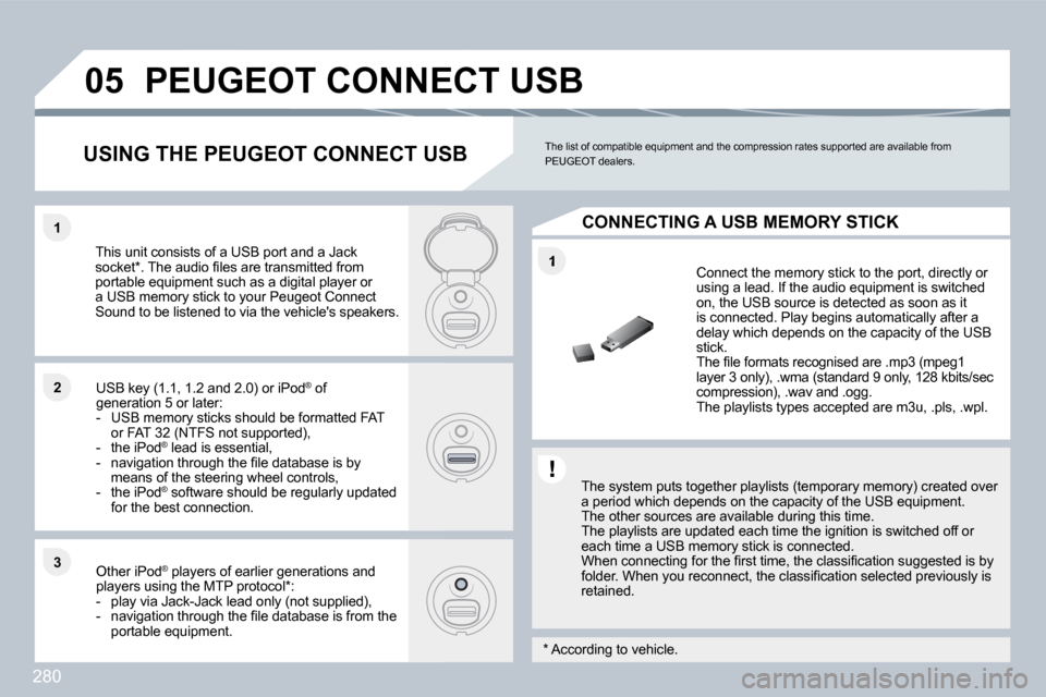 Peugeot 3008 Dag 2010  Owners Manual 280
�1
�1�1
�2�2
�3�3
�0�5� �P�E�U�G�E�O�T� �C�O�N�N�E�C�T� �U�S�B� 
� � �T�h�e� �s�y�s�t�e�m� �p�u�t�s� �t�o�g�e�t�h�e�r� �p�l�a�y�l�i�s�t�s� �(�t�e�m�p�o�r�a�r�y� �m�e�m�o�r�y�)� �c�r�e�a�t�e�d� �o�