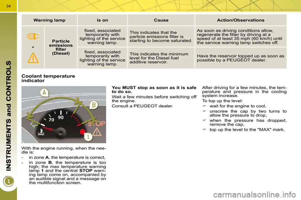 Peugeot 3008 Dag 2010  Owners Manual 34
Coolant temperature indicator 
 With the engine running, when the nee- 
dle is:  
   -   in zone  A , the temperature is correct, 
  -   in  zone    B ,  the  temperature  is  too 
high;  the  max 