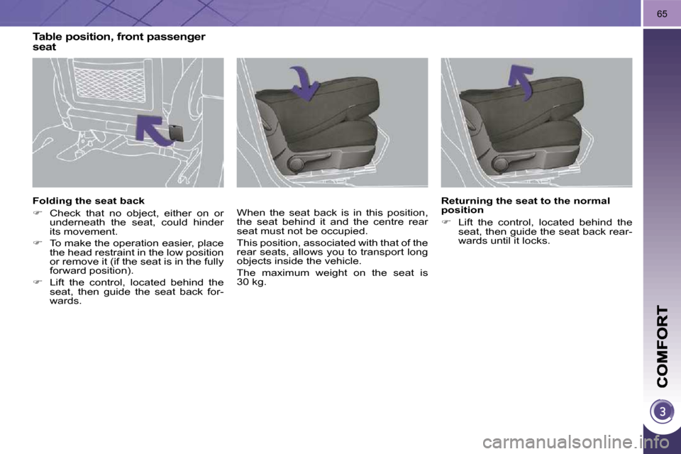 Peugeot 3008 Dag 2010 Repair Manual 65
� � �F�o�l�d�i�n�g� �t�h�e� �s�e�a�t� �b�a�c�k�  
   
�    Check  that  no  object,  either  on  or 
underneath  the  seat,  could  hinder  
its movement. 
  
�    To make the operation easie