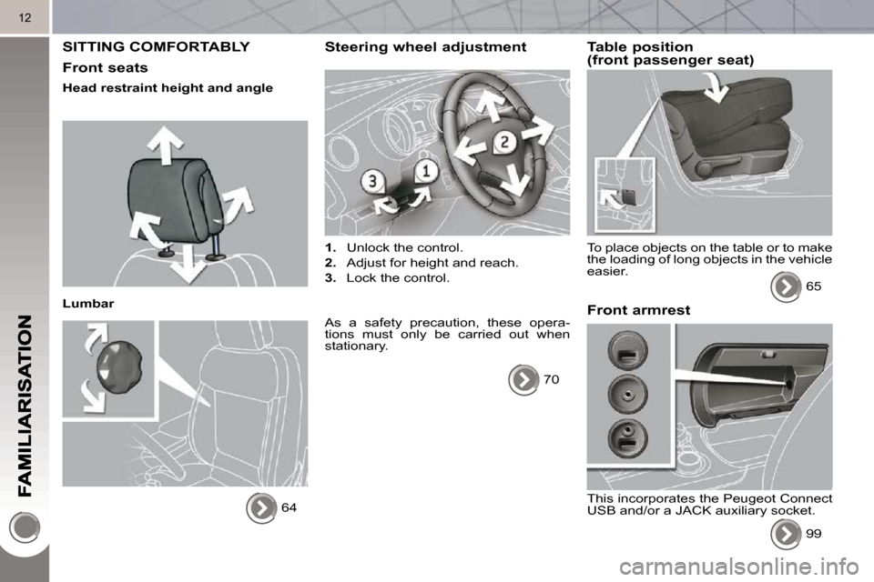 Peugeot 3008 Dag 2010  Owners Manual 12
 SITTING COMFORTABLY 
  Front seats 
  Head restraint height and angle   
  Lumbar  64   
  Steering wheel adjustment 
   
1.    Unlock the control. 
  
2.    Adjust for height and reach. 
  
3.   