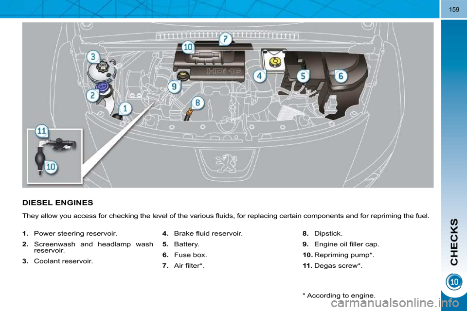 Peugeot 3008 Dag 2009.5  Owners Manual CHECKS
159
DIESEL ENGINES 
� �T�h�e�y� �a�l�l�o�w� �y�o�u� �a�c�c�e�s�s� �f�o�r� �c�h�e�c�k�i�n�g� �t�h�e� �l�e�v�e�l� �o�f� �t�h�e� �v�a�r�i�o�u�s� �ﬂ� �u�i�d�s�,� �f�o�r� �r�e�p�l�a�c�i�n�g� �c�e�