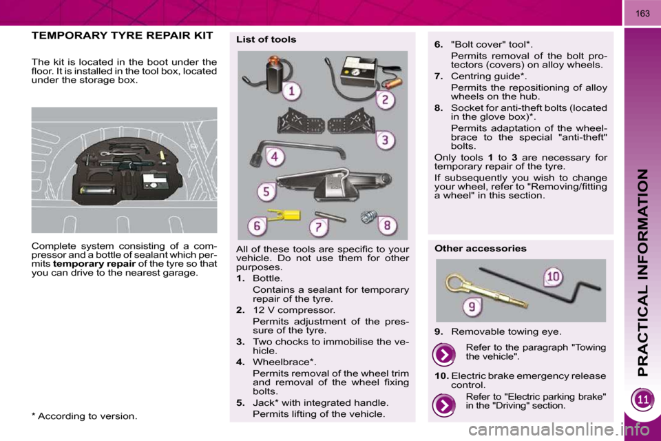 Peugeot 3008 Dag 2009.5  Owners Manual PRACTICAL INFORMATION
163
         TEMPORARY TYRE REPAIR KIT 
            Complete  system  consisting  of  a  com- 
pressor and a bottle of sealant which per-
mits  temporary repair   of the tyre so 