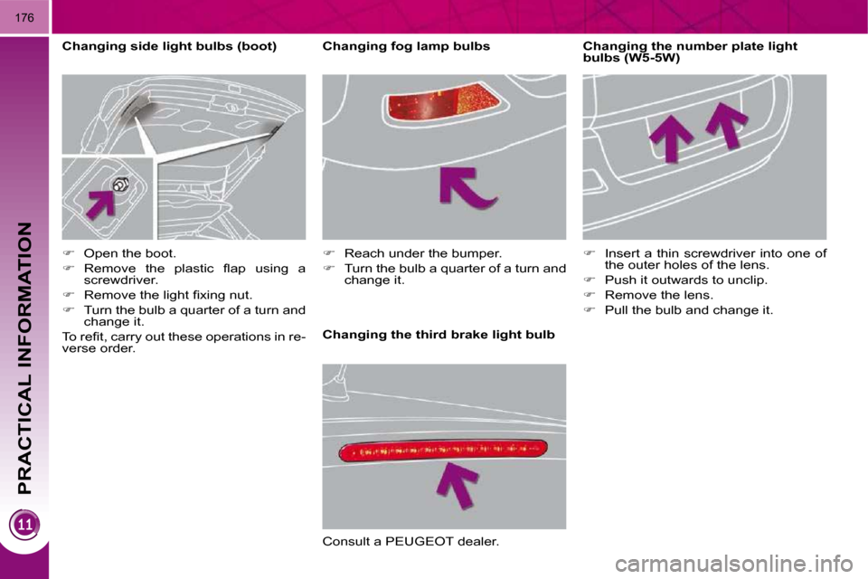 Peugeot 3008 Dag 2009.5  Owners Manual PRACTICAL INFORMATION
176
  Changing the third brake light bulb   Changing the number plate light  
bulbs (W5-5W)  
   
� � �  �I�n�s�e�r�t� �a� �t�h�i�n� �s�c�r�e�w�d�r�i�v�e�r�  �i�n�t�o� �o�n�e�