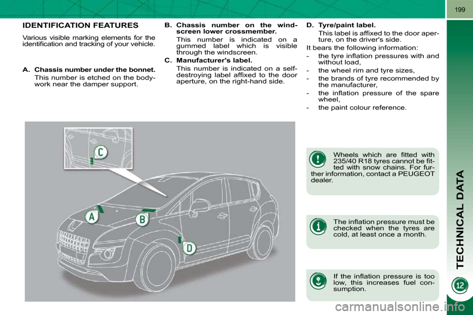 Peugeot 3008 Dag 2009.5  Owners Manual TECHNICAL DATA
199
IDENTIFICATION FEATURES 
� �V�a�r�i�o�u�s�  �v�i�s�i�b�l�e�  �m�a�r�k�i�n�g�  �e�l�e�m�e�n�t�s�  �f�o�r�  �t�h�e�  
�i�d�e�n�t�i�ﬁ� �c�a�t�i�o�n� �a�n�d� �t�r�a�c�k�i�n�g� �o�f� �