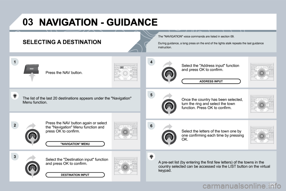 Peugeot 3008 Dag 2009.5  Owners Manual �2�0�9
NAV
03
1
�2
3
�6
5
�4
  SELECTING A DESTINATION 
� �P�r�e�s�s� �t�h�e� �N�A�V� �b�u�t�t�o�n� �a�g�a�i�n� �o�r� �s�e�l�e�c�t� �t�h�e� �"�N�a�v�i�g�a�t�i�o�n�"� �M�e�n�u� �f�u�n�c�t�i�o�n� �a�n�d