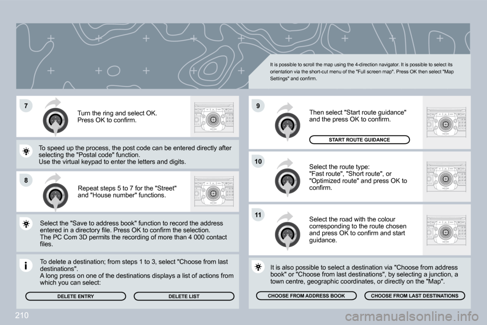 Peugeot 3008 Dag 2009.5  Owners Manual 210
�8
10
�9
11
�7
 Repeat steps 5 to 7 for the "Street" and "House number" functions. 
 To delete a destination; from steps 1 to 3, select "ChooChoose from last destinations". � �A� �l�o�n�g� �p�r�e�