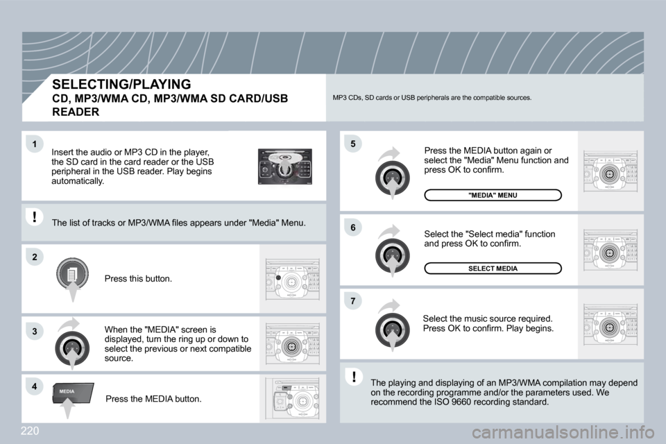 Peugeot 3008 Dag 2009.5  Owners Manual 220
2
ABC 3
DEF
5
JKL
4
GHI 6
MNO
8
TUV
7
PQRS 9
WXYZ
0
* #
1
RADIO MEDIA
NAV ESC TRAFFIC
SETUP
ADDR BOOK
�4
5
�6
�2
�7
3
1
MEDIA
  SELECTING/PLAYING  
�C�D�,� �M�P�3�/�W�M�A� �C�D�,� �M�P�3�/�W�M�A� 