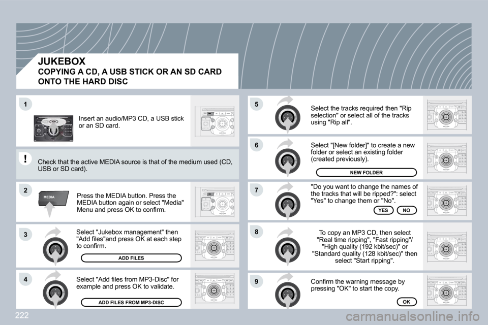 Peugeot 3008 Dag 2009.5  Owners Manual 222
2
ABC 3
DEF
5
JKL
4
GHI 6
MNO
8
TUV
7
PQRS 9
WXYZ
0
* #
1
RADIO MEDIA
NAV ESC TRAFFIC
SETUP
ADDR BOOK
1
�2
3
�4
5
�6
�7
�8
�9
MEDIA
� �S�e�l�e�c�t� �"�J�u�k�e�b�o�x� �m�a�n�a�g�e�m�e�n�t�"� �t�h�e