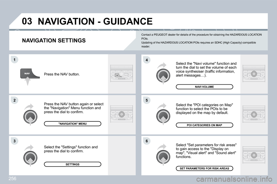 Peugeot 3008 Dag 2009.5  Owners Manual 256
03
6
4
5
1
2
3
  NAVIGATION SETTINGS 
 Select the "Navi volume" function and turn the dial to set the volume of each �v�o�i�c�e� �s�y�n�t�h�e�s�i�s�e�r� �(�t�r�a�f�ﬁ� �c� �i�n�f�o�r�m�a�t�i�o�n�