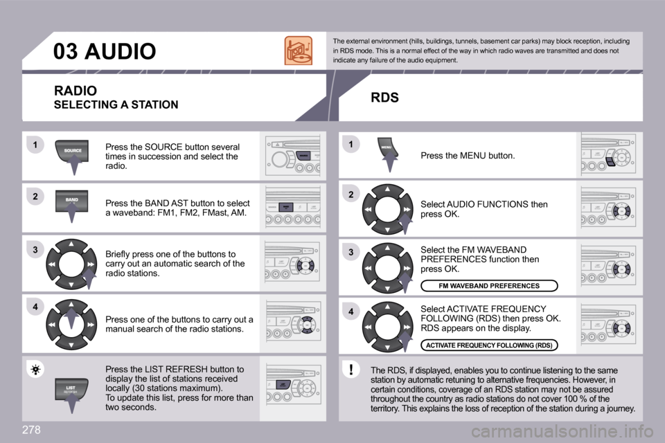 Peugeot 3008 Dag 2009.5  Owners Manual 278
�2�2
�3�3
�4�4
�1�1
�2�2
�4�4
�3�3
�1�1
�0�3AUDIO 
 Press the SOURCE button several times in succession and select the radio. 
� �P�r�e�s�s� �t�h�e� �B�A�N�D� �A�S�T� �b�u�t�t�o�n� �t�o� �s�e�l�e�
