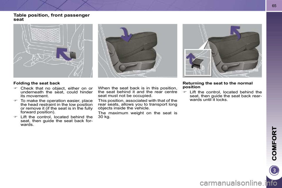 Peugeot 3008 Dag 2009.5 Service Manual 65
� � �F�o�l�d�i�n�g� �t�h�e� �s�e�a�t� �b�a�c�k�  
   
�    Check  that  no  object,  either  on  or 
underneath  the  seat,  could  hinder  
its movement. 
  
�    To make the operation easie
