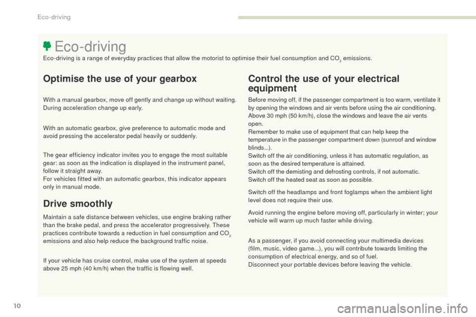 Peugeot 3008 Hybrid 4 2017  Owners Manual 3008-2_en_Chap00c_eco-conduite_ed01-2016
10
Optimise the use of your gearbox
With a manual gearbox, move off gently and change up without waiting. 
During acceleration change up early.
With an automat