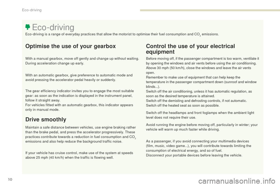 Peugeot 3008 Hybrid 4 2017 User Guide 3008-2_en_Chap00c_eco-conduite_ed01-2016
10
Optimise the use of your gearbox
With a manual gearbox, move off gently and change up without waiting. 
During acceleration change up early.
With an automat
