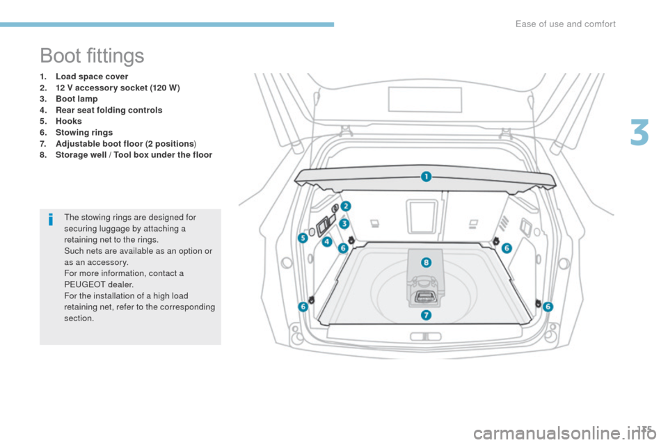 Peugeot 3008 Hybrid 4 2017  Owners Manual 135
3008-2_en_Chap03_ergonomie-et-confort_ed01-2016
Boot fittings
1. Load space cover
2. 12 V accessor y socket (120 W)
3.
 B

oot lamp
4.
 R

ear seat folding controls
5.
 Hoo

ks
6.
 S

towing rings