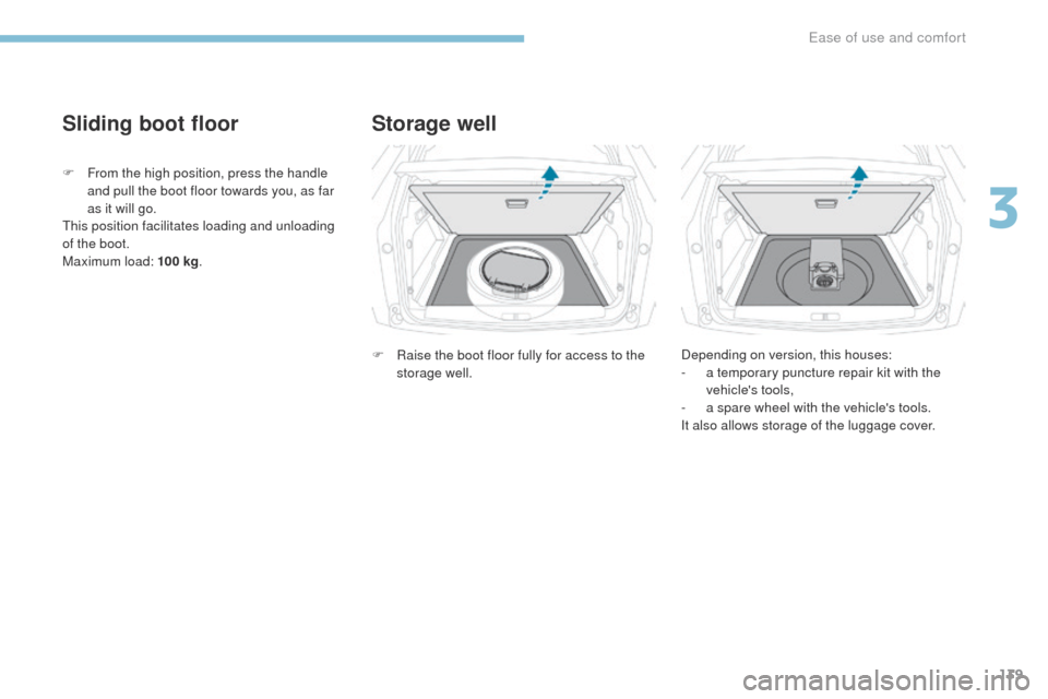 Peugeot 3008 Hybrid 4 2017  Owners Manual 139
3008-2_en_Chap03_ergonomie-et-confort_ed01-2016
Sliding boot floor
F From the high position, press the handle and pull the boot floor towards you, as far 
as it will go.
This position facilitates 