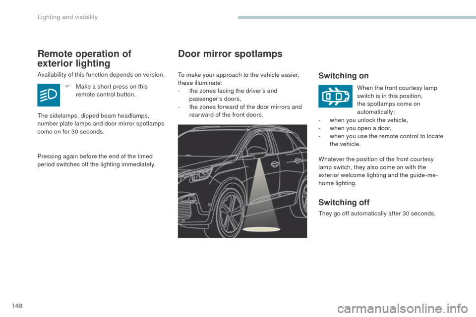 Peugeot 3008 Hybrid 4 2017  Owners Manual 148
3008-2_en_Chap04_eclairage-et-visibilite_ed01-2016
Door mirror spotlamps
Switching on
Whatever the position of the front courtesy 
lamp switch, they also come on with the 
exterior welcome lightin