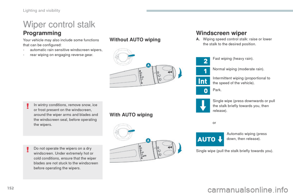 Peugeot 3008 Hybrid 4 2017  Owners Manual 152
3008-2_en_Chap04_eclairage-et-visibilite_ed01-2016
Programming
Your vehicle may also include some functions 
that can be configured:
-
 a
utomatic rain sensitive windscreen wipers,
-
 r

ear wipin