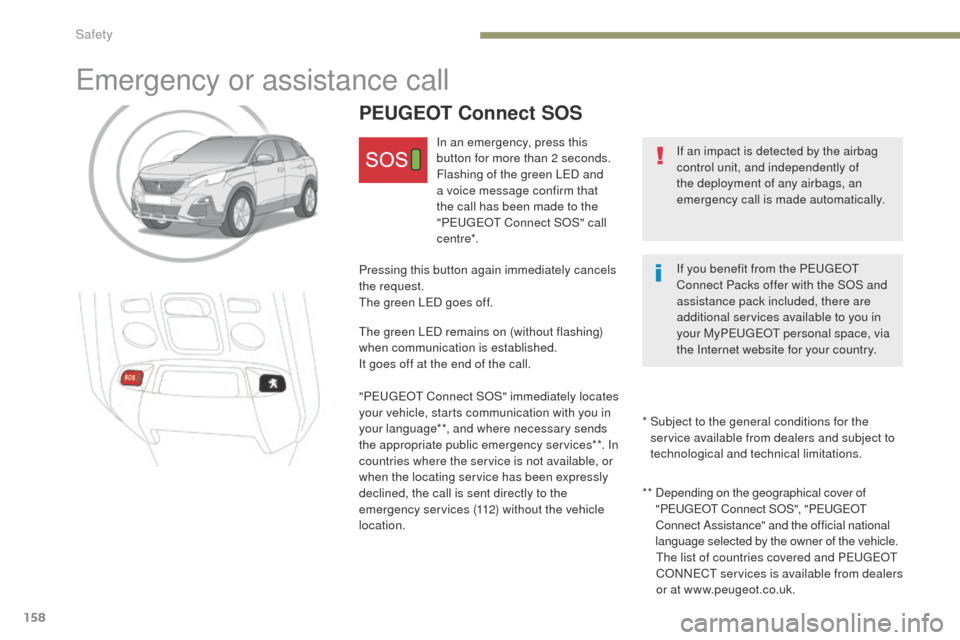 Peugeot 3008 Hybrid 4 2017  Owners Manual 158
3008-2_en_Chap05_securite_ed01-2016
Emergency or assistance call
If an impact is detected by the airbag 
control unit, and independently of 
the deployment of any airbags, an 
emergency call is ma