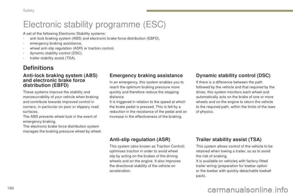 Peugeot 3008 Hybrid 4 2017  Owners Manual 160
3008-2_en_Chap05_securite_ed01-2016
Electronic stability programme (ESC)
Definitions
Anti-lock braking system (ABS) 
and electronic brake force 
distribution (EBFD)
These systems improve the stabi