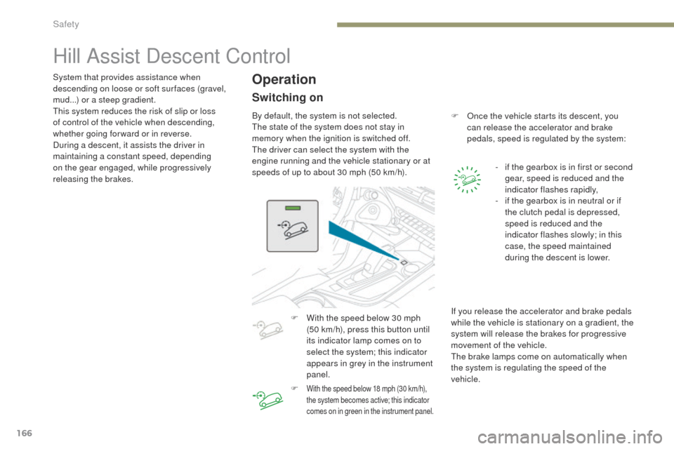 Peugeot 3008 Hybrid 4 2017  Owners Manual 166
3008-2_en_Chap05_securite_ed01-2016
Hill Assist Descent Control
System that provides assistance when 
descending on loose or soft sur faces (gravel, 
mud...) or a steep gradient.
This system reduc