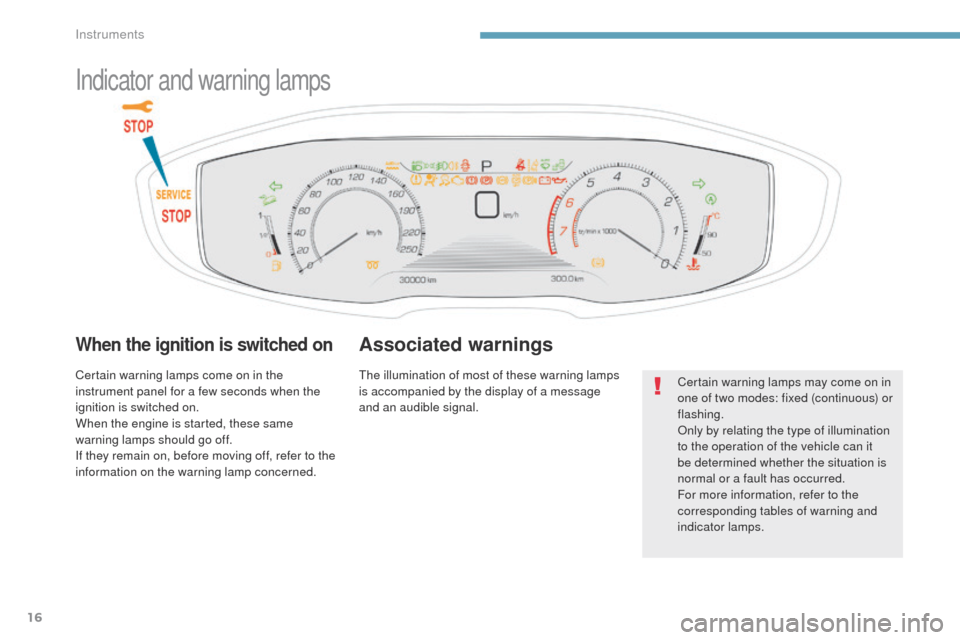 Peugeot 3008 Hybrid 4 2017  Owners Manual 16
3008-2_en_Chap01_instruments-de-bord_ed01-2016
Indicator and warning lamps
When the ignition is switched on
Certain warning lamps come on in the 
instrument panel for a few seconds when the 
igniti