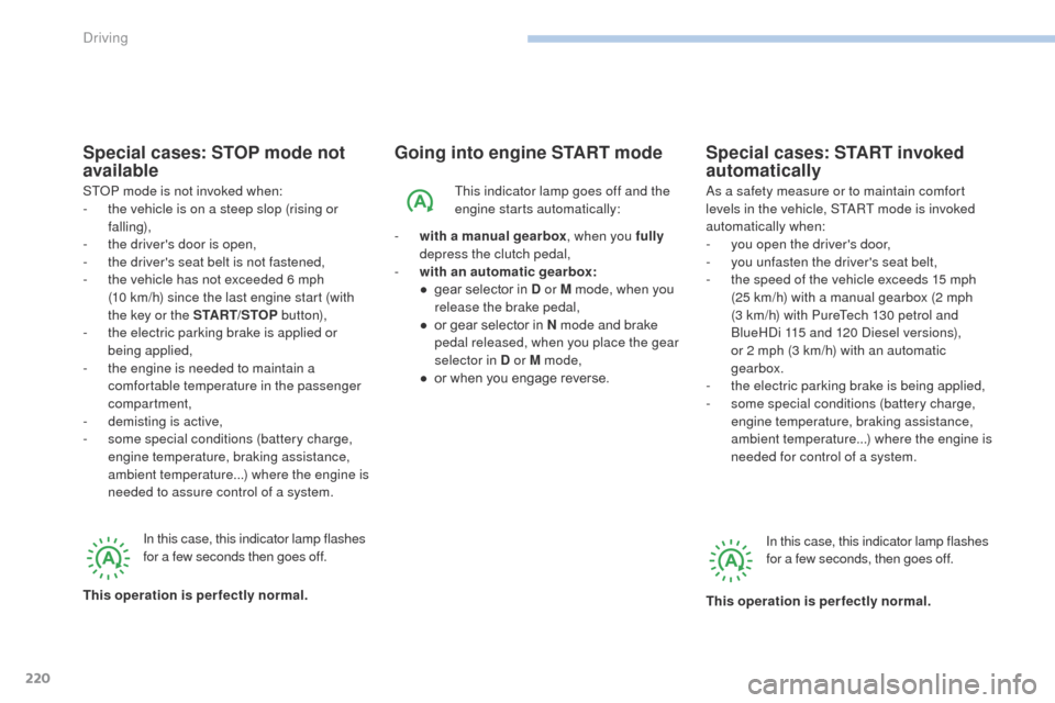 Peugeot 3008 Hybrid 4 2017  Owners Manual 220
3008-2_en_Chap06_conduite_ed01-2016
Going into engine START mode Special cases: START invoked automatically
This indicator lamp goes off and the 
engine starts automatically:
-
 
w

ith a manual g
