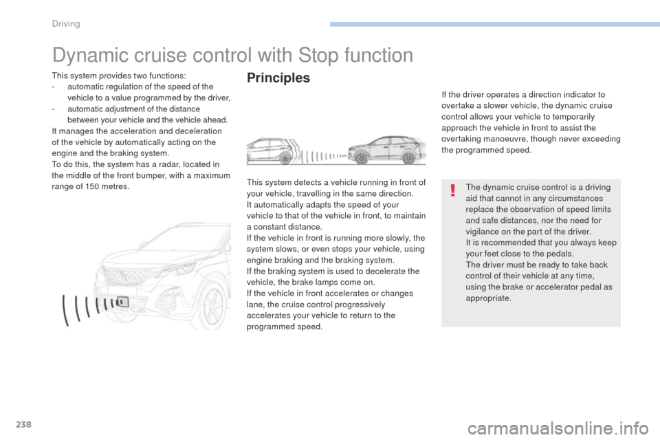 Peugeot 3008 Hybrid 4 2017 Owners Manual 238
3008-2_en_Chap06_conduite_ed01-2016
Dynamic cruise control with Stop function
The dynamic cruise control is a driving
aid that cannot in any circumstances
replace the observation of speed limits Peugeot 3008 Hybrid 4 2017 Owners Manual 238
3008-2_en_Chap06_conduite_ed01-2016
Dynamic cruise control with Stop function
The dynamic cruise control is a driving
aid that cannot in any circumstances
replace the observation of speed limits