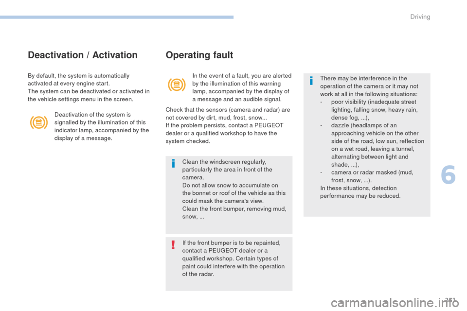 Peugeot 3008 Hybrid 4 2017  Owners Manual 251
3008-2_en_Chap06_conduite_ed01-2016
Deactivation / ActivationOperating fault
In the event of a fault, you are alerted 
by the illumination of this warning 
lamp, accompanied by the display of 
a m