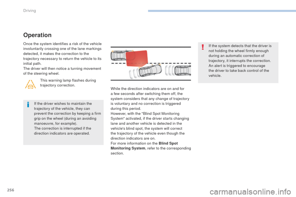 Peugeot 3008 Hybrid 4 2017 Owners Manual 256
3008-2_en_Chap06_conduite_ed01-2016
While the direction indicators are on and for
a few seconds after switching them off, the
system considers that any change of trajectory
is voluntary and no Peugeot 3008 Hybrid 4 2017 Owners Manual 256
3008-2_en_Chap06_conduite_ed01-2016
While the direction indicators are on and for
a few seconds after switching them off, the
system considers that any change of trajectory
is voluntary and no