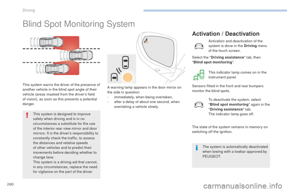 Peugeot 3008 Hybrid 4 2017 Owners Manual 260
3008-2_en_Chap06_conduite_ed01-2016
Blind Spot Monitoring System
This system warns the driver of the presence of
another vehicle in the blind spot angle of their
vehicle (areas masked from the d Peugeot 3008 Hybrid 4 2017 Owners Manual 260
3008-2_en_Chap06_conduite_ed01-2016
Blind Spot Monitoring System
This system warns the driver of the presence of
another vehicle in the blind spot angle of their
vehicle (areas masked from the d
