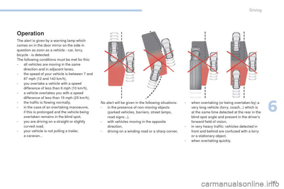 Peugeot 3008 Hybrid 4 2017  Owners Manual 261
3008-2_en_Chap06_conduite_ed01-2016
Operation
The alert is given by a warning lamp which 
comes on in the door mirror on the side in 
question as soon as a vehicle - car, lorry, 
bicycle - is dete