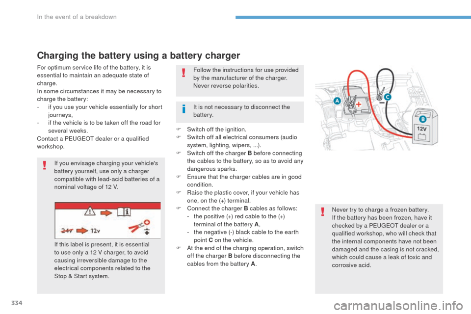 Peugeot 3008 Hybrid 4 2017 Owners Manual 334
3008-2_en_Chap08_en cas-de-panne_ed01-2016
Charging the battery using a battery charger
For optimum service life of the battery, it is
essential to maintain an adequate state of
charge.
In some Peugeot 3008 Hybrid 4 2017 Owners Manual 334
3008-2_en_Chap08_en cas-de-panne_ed01-2016
Charging the battery using a battery charger
For optimum service life of the battery, it is
essential to maintain an adequate state of
charge.
In some