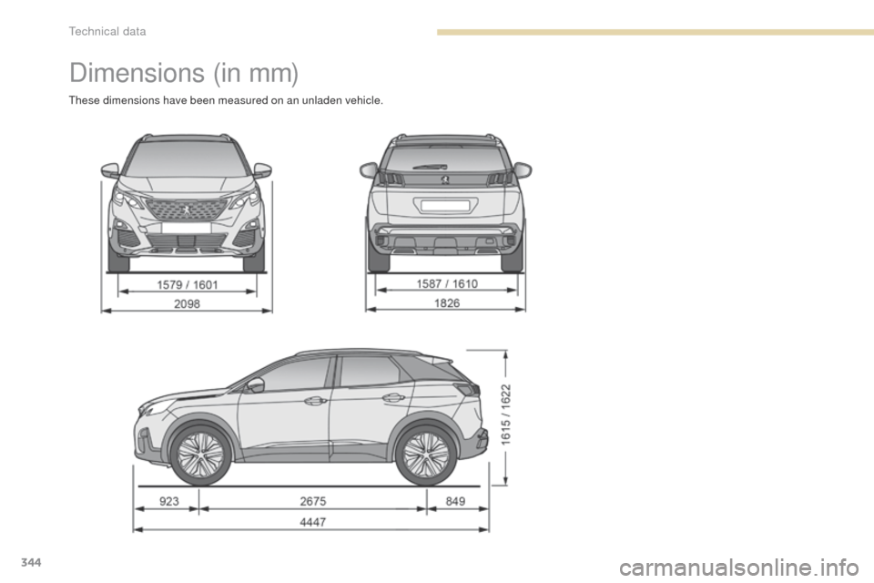 Peugeot 3008 Hybrid 4 2017 Owners Manual 344
3008-2_en_Chap09_caracteristiques_ed01-2016
Dimensions (in mm)
These dimensions have been measured on an unladen vehicle.
Technical data Peugeot 3008 Hybrid 4 2017 Owners Manual 344
3008-2_en_Chap09_caracteristiques_ed01-2016
Dimensions (in mm)
These dimensions have been measured on an unladen vehicle.
Technical data