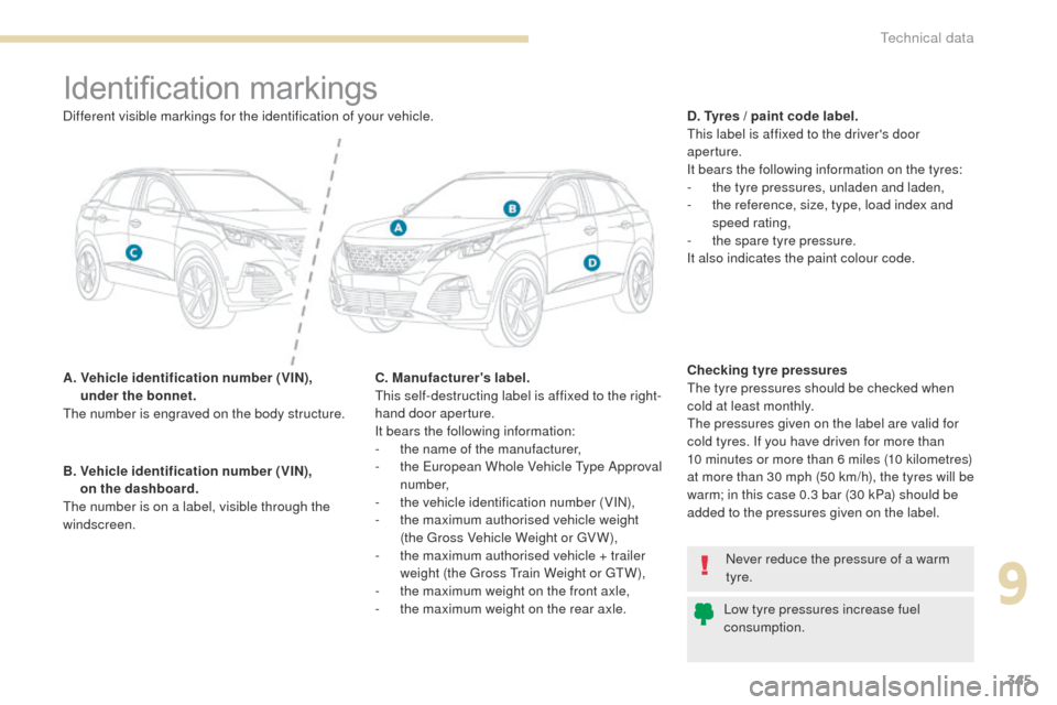 Peugeot 3008 Hybrid 4 2017 User Guide 345
3008-2_en_Chap09_caracteristiques_ed01-2016
Identification markings
A.  Vehicle identification number (VIN), under the bonnet.
The number is engraved on the body structure. D. Tyres / paint code l