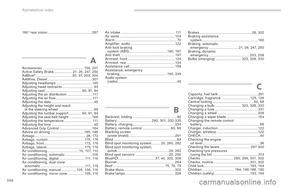 Peugeot 3008 Hybrid 4 2017  Owners Manual 346
3008-2_en_Chap11_index-alpha_ed01-2016
180° rear vision .............................................2 67Air intake  .......................................................111
Air vents  ........