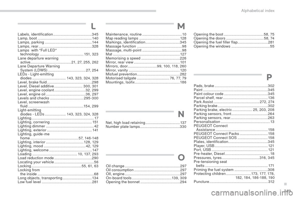 Peugeot 3008 Hybrid 4 2017 Owners Guide 349
3008-2_en_Chap11_index-alpha_ed01-2016
Labels, identification .....................................3 45
Lamp, boot  .................................................... 140
Lamps, parking
 .......