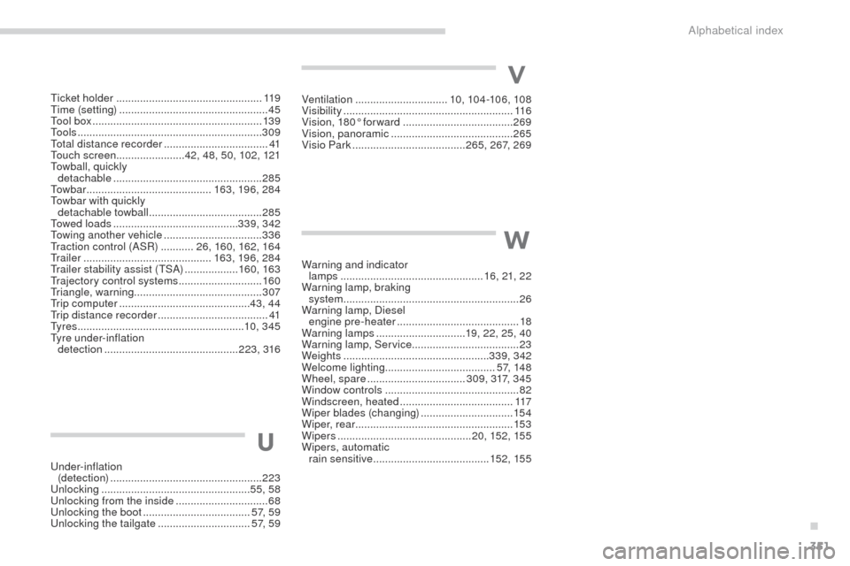 Peugeot 3008 Hybrid 4 2017  Owners Manual 351
3008-2_en_Chap11_index-alpha_ed01-2016
U
Under-inflation  (detection)  ................................................... 223
Unlocking
 ..............................

....................55, 58