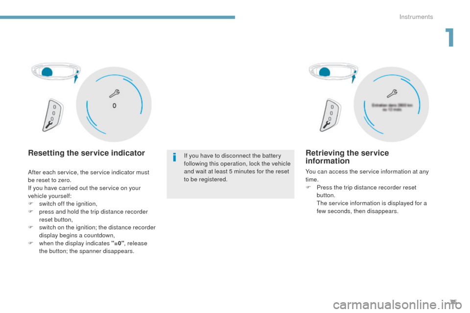 Peugeot 3008 Hybrid 4 2017 Owners Guide 35
3008-2_en_Chap01_instruments-de-bord_ed01-2016
Resetting the service indicatorIf you have to disconnect the battery 
following this operation, lock the vehicle 
and wait at least 5 minutes for the 