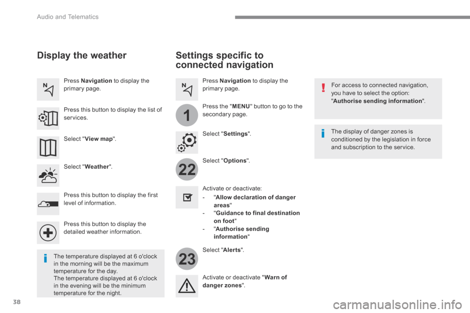 Peugeot 3008 Hybrid 4 2017  Owners Manual 38
22
23
1
 Audio and Telematics 
Transversal-Peugeot_en_Chap01_NAC-2-2-0_ed01-2016
  Settings  specific  to 
connected navigation 
  For access to connected navigation, you have to select the option: